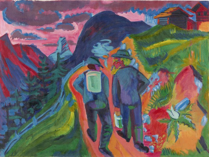 Ein buntes Gemälde von Kirchner, auf dem zwei Männer einen Berg hinauf wandern. Ein buntes Gemälde von Kirchner, auf dem zwei Männer einen Berg hinauf wandern.