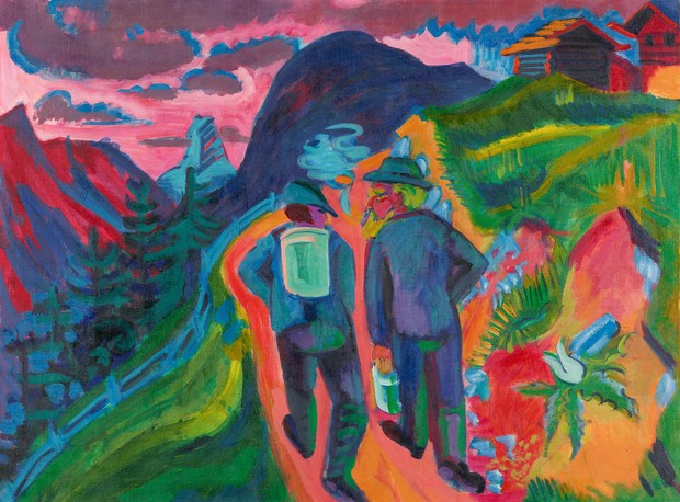 Colorful painting by Ernst Ludwig Kirchner, depicting two hikers in the alps.